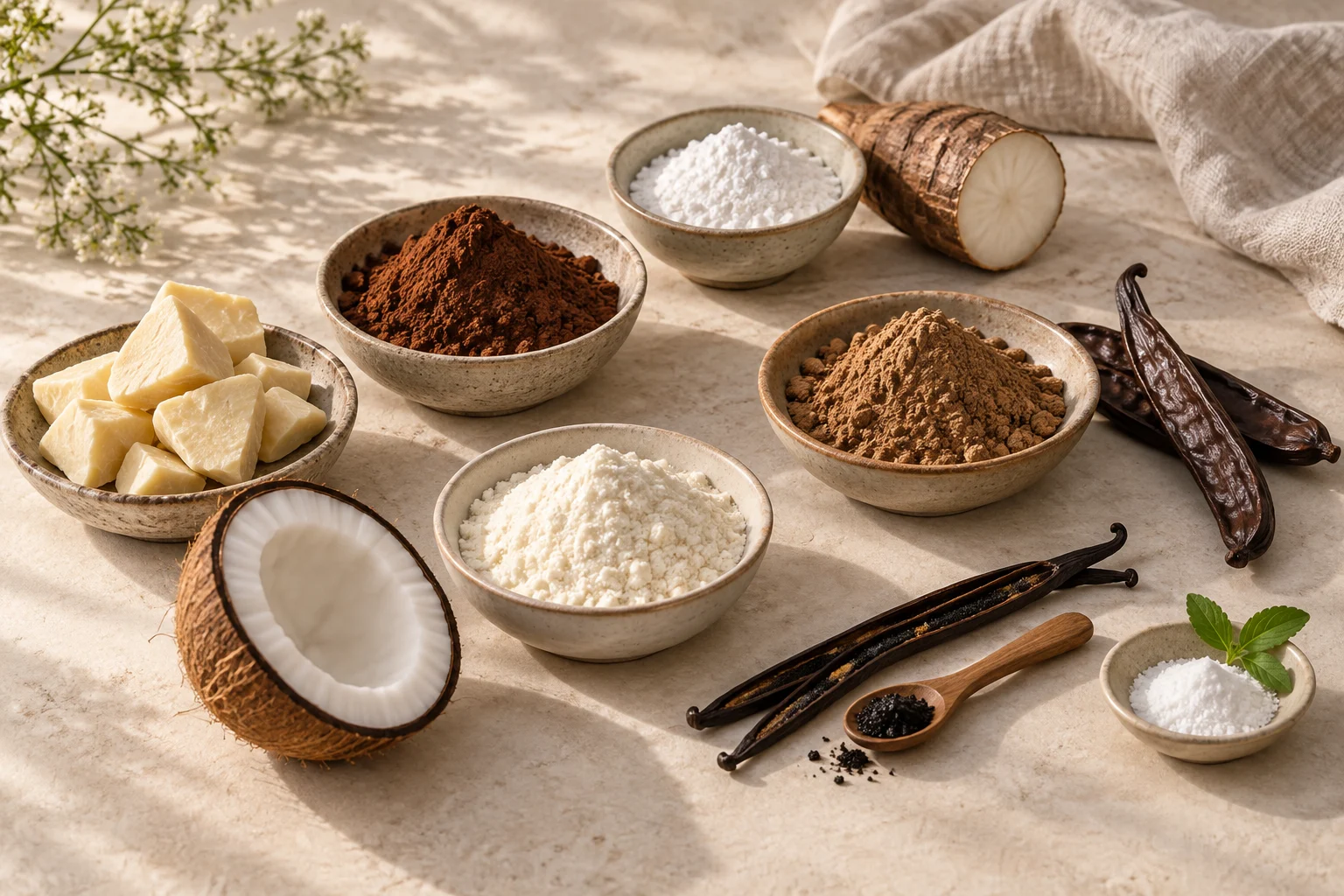 Cacao, carob, cacaoboter en ingrediënten voor de Cacao Fusion-blend