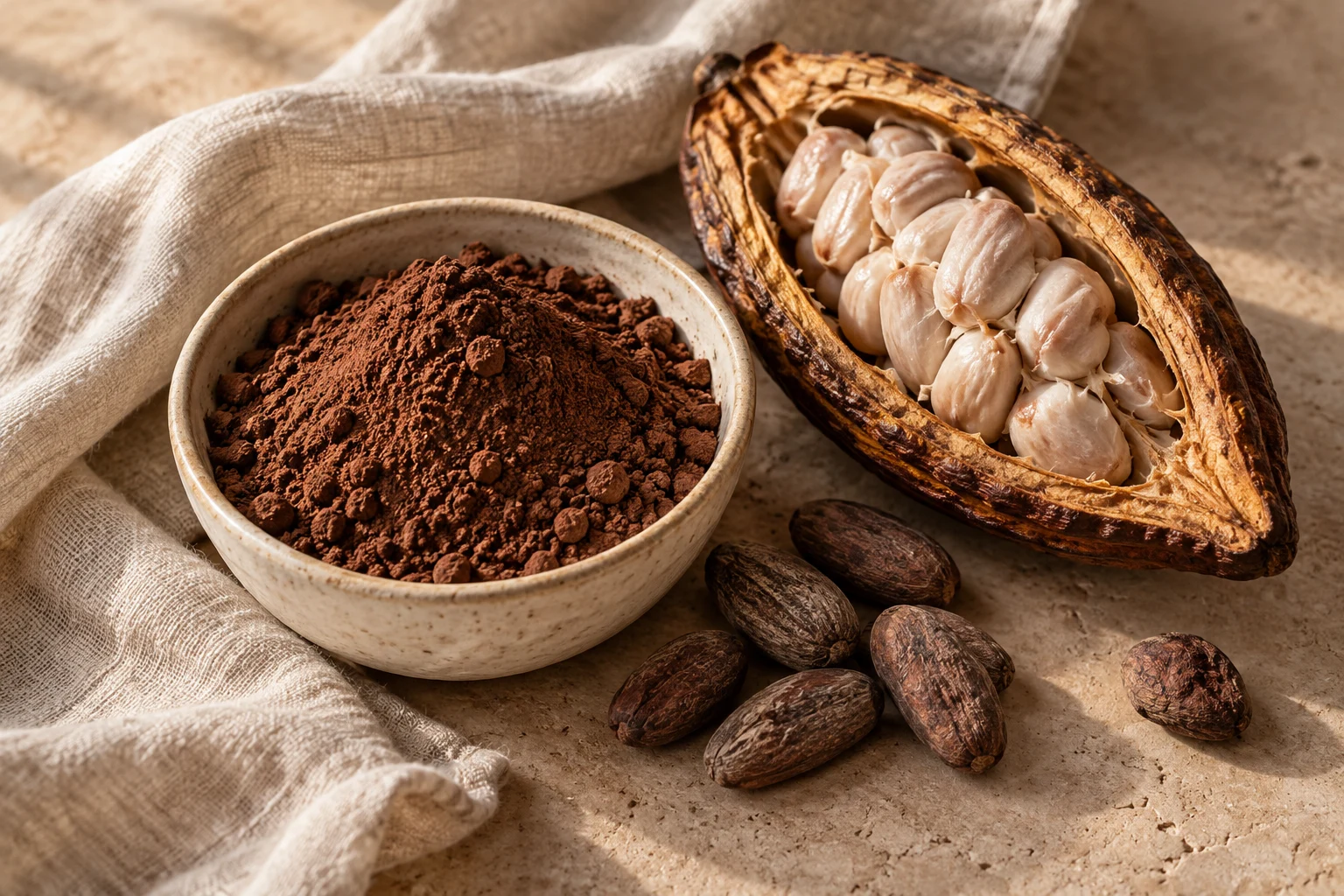 Cacaobonen, cacaopoeder en een geopende cacaovrucht
