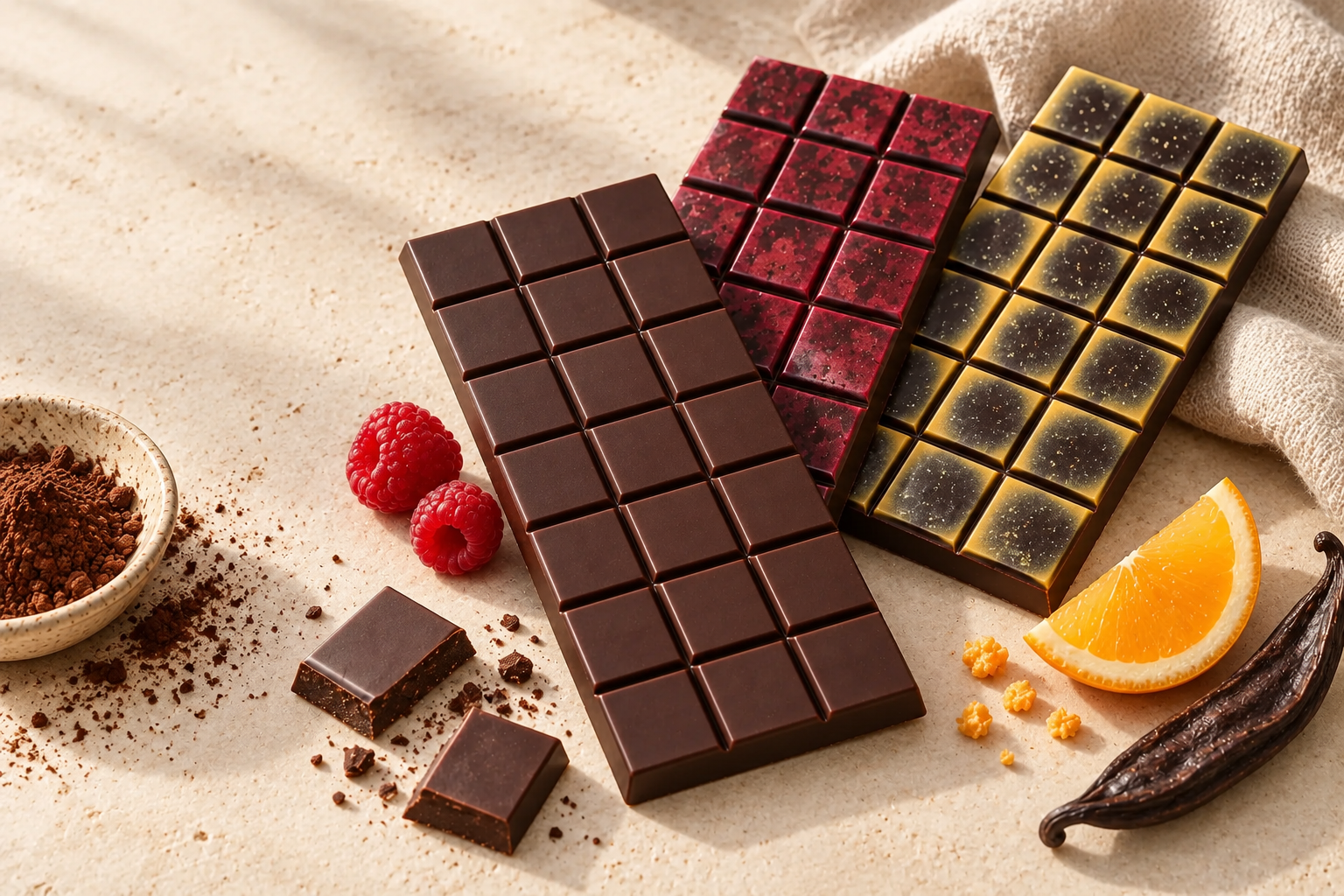 Cacao Fusion Original, Raspberry Coconut en Orange op warm natuursteen
